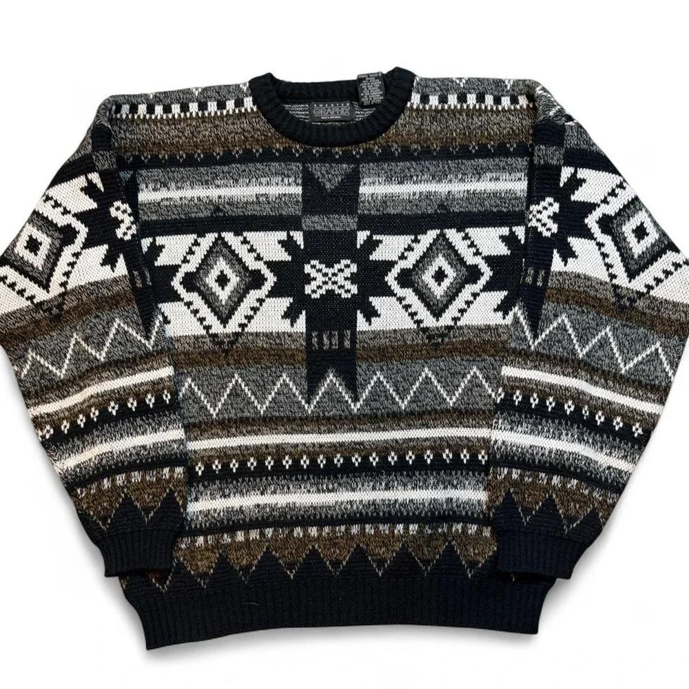 Vintage 90s Sweater Graphix Men's Large Geometric Aztec Knit Sweater